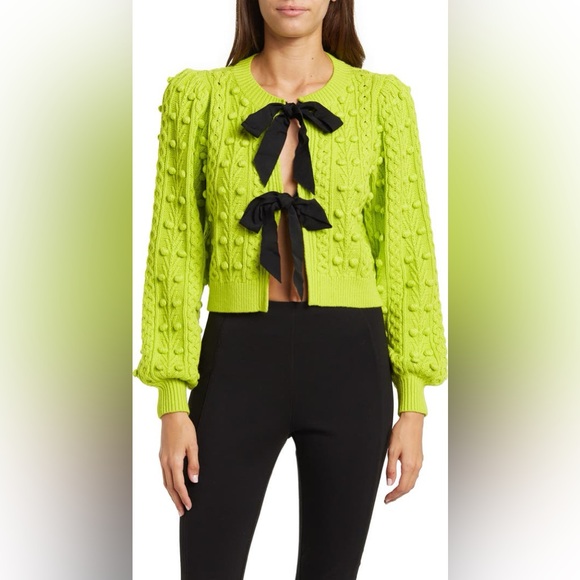 Alice + Olivia Sweaters - Alice + Olivia Kitty Puff Sleeve Lime Green Sweater Bow Detail Wool Blend